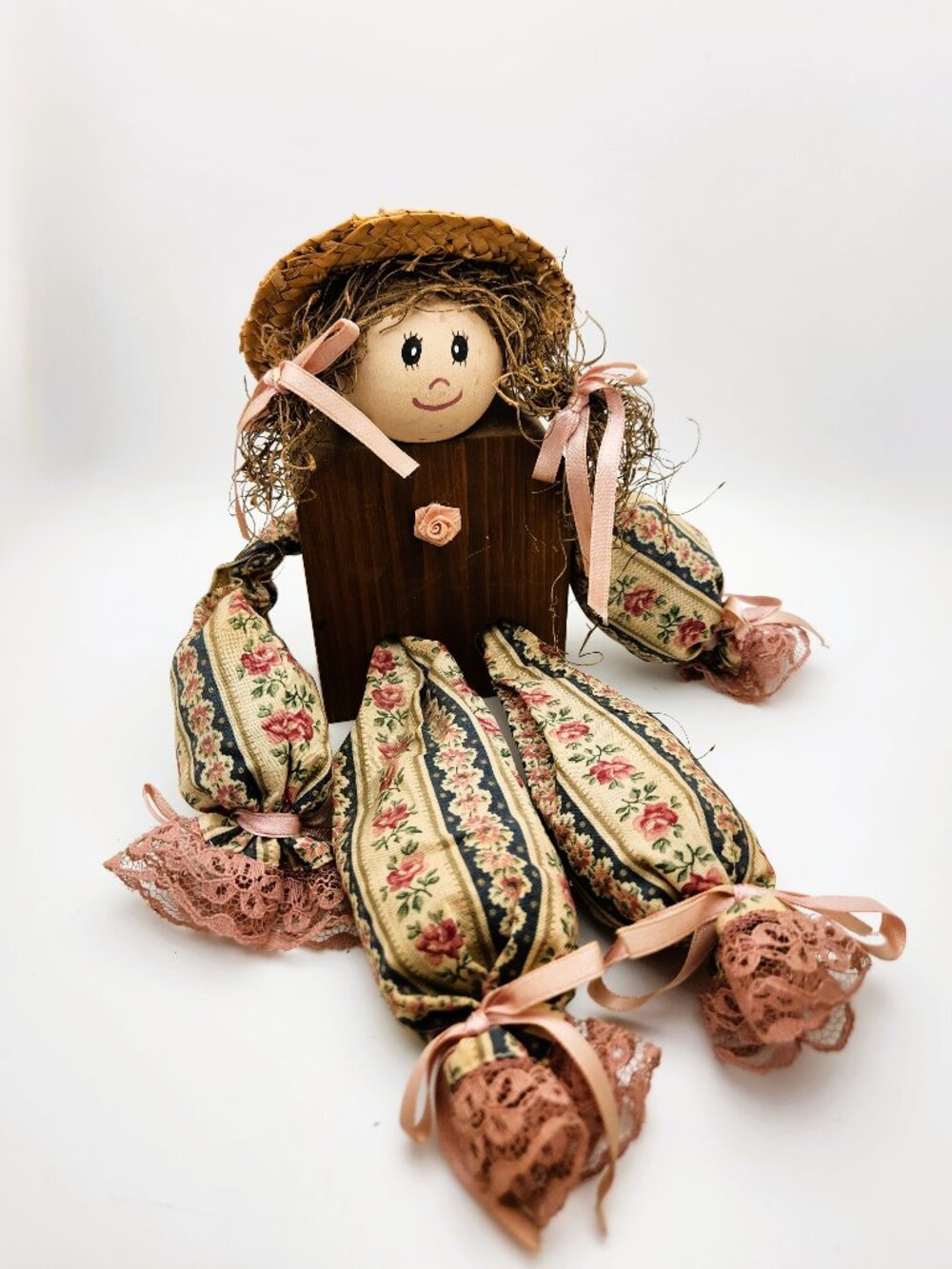 Vintage Handmade Folk Art Doll 12" Wood Floral Fabric Straw Hat Country Decor